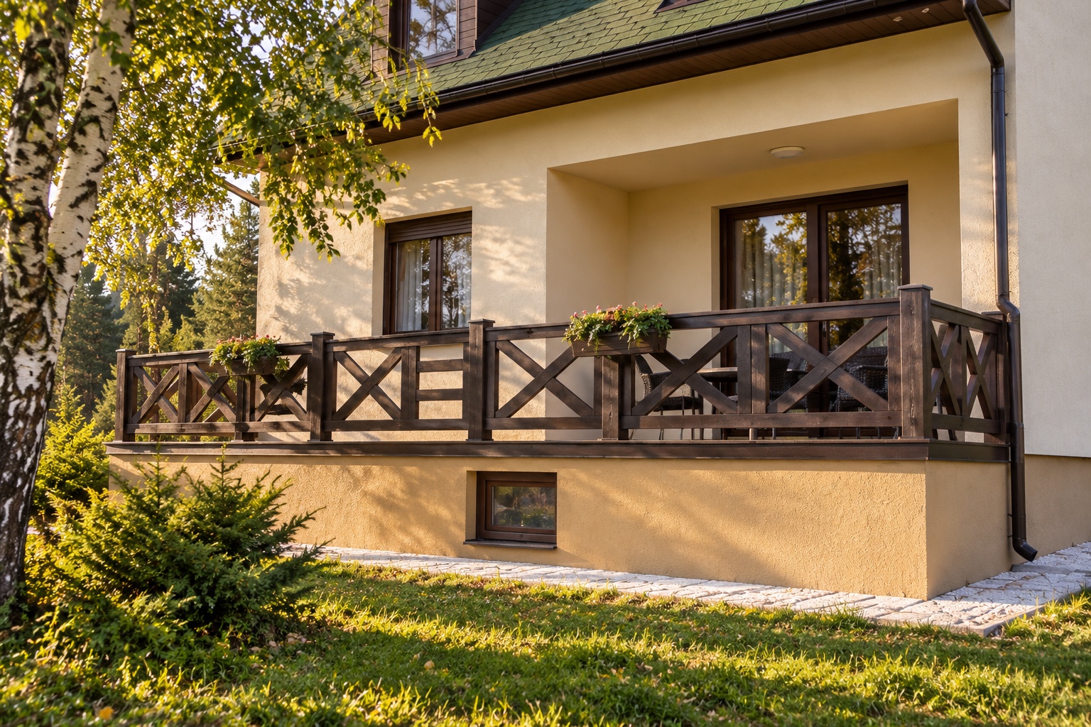 AI vizualizacija fasade i drvene terase planinske kuće
